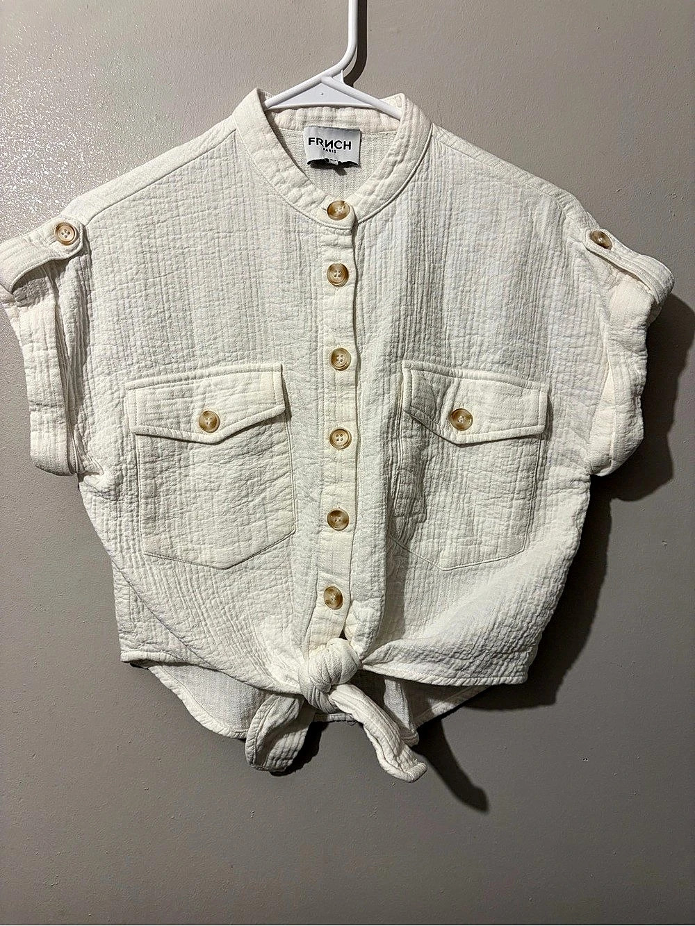 Frnch Paris Cotton Tie-Front hem Button up Shirt in White Size XS pockets